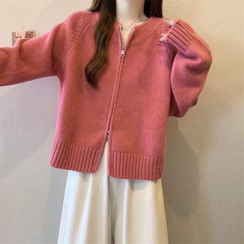 Fashionable Loose Simple Women'S New Style Lazy Style Double Zipper Long-Sleeved Sweater Women'S Knitted Cardigan - Image 5